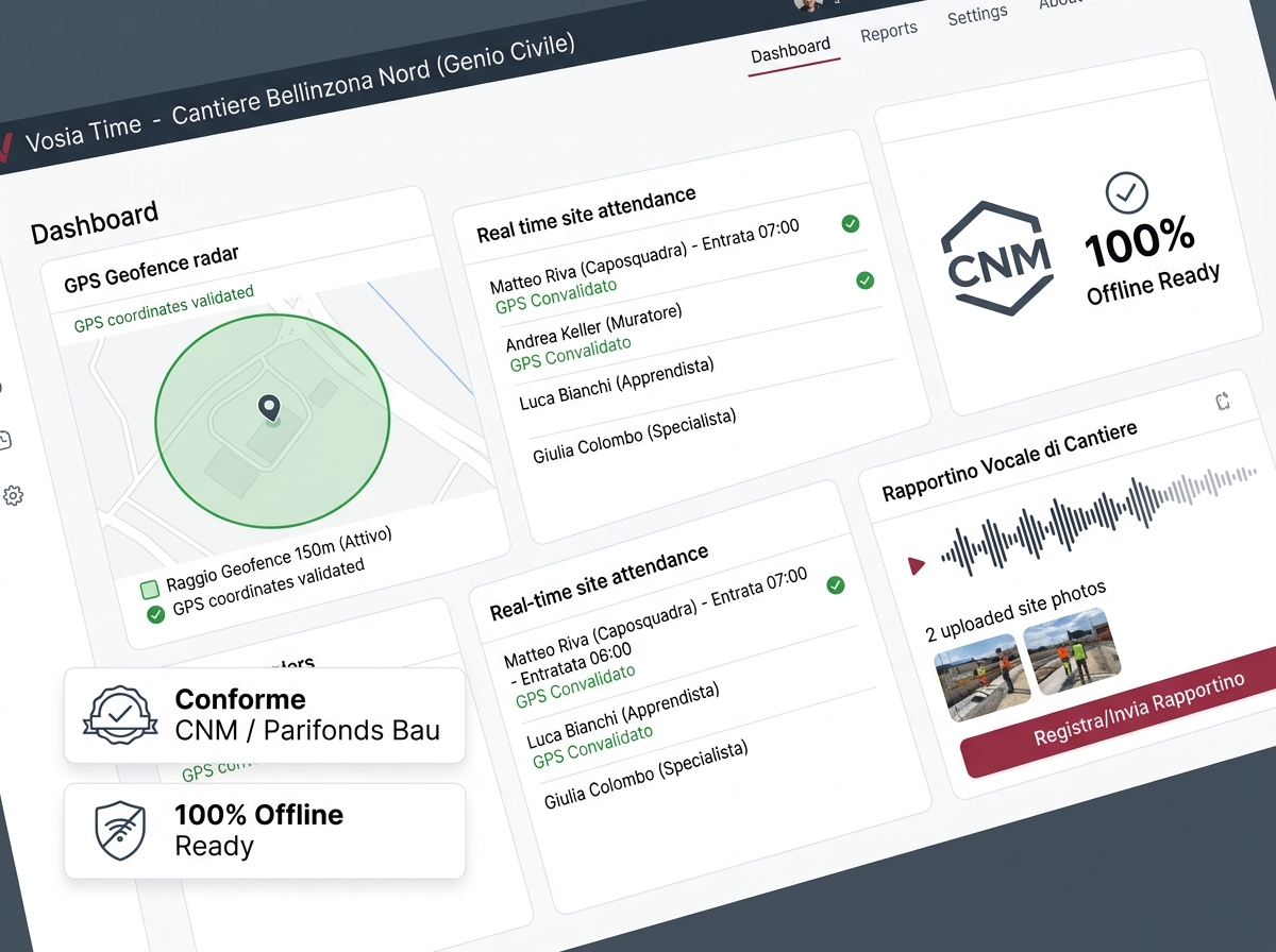Vosia Time - Dashboard Geofencing e Rapportini Vocali per Cantieri Edili Svizzeri